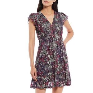 Michael Kors Zinnia Medley Print Foil Stripe Floral Mesh V-Neck Flutter Sleeve A
